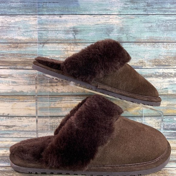 Lamo Scuffs Slippers Womens Size 5-6 Brown Suede Faux Fur Slip On Rubber Soles - Picture 1 of 10